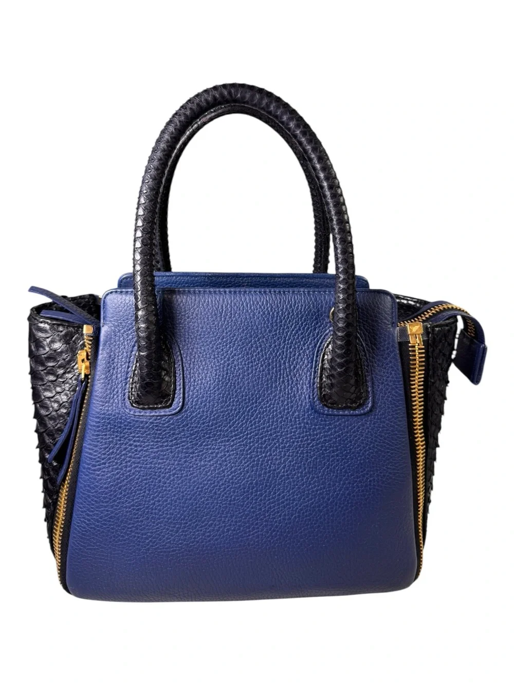 Paige Gamble Blakeley Blue Leather Black Python Exotic Zipper Satchel Tote Bag
